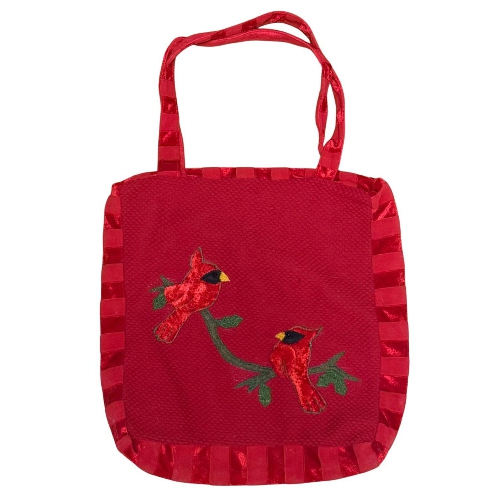 Embroidered Tote Bag Red Cardinal Purse Nature Bird Handmade Cardinals‎ Vintage